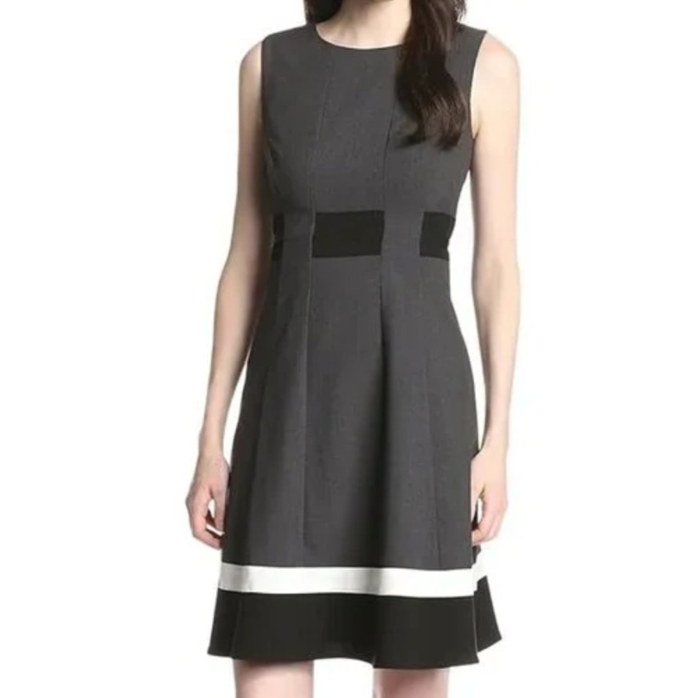 CALVIN KLEIN Business or Cocktail GRAY SHEATH DRESS w/Black & White Trim SZ 8